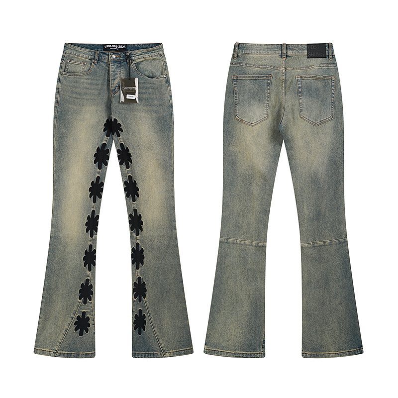 LOSTSHDWS Floral Applique Light Blue Flare Jeans