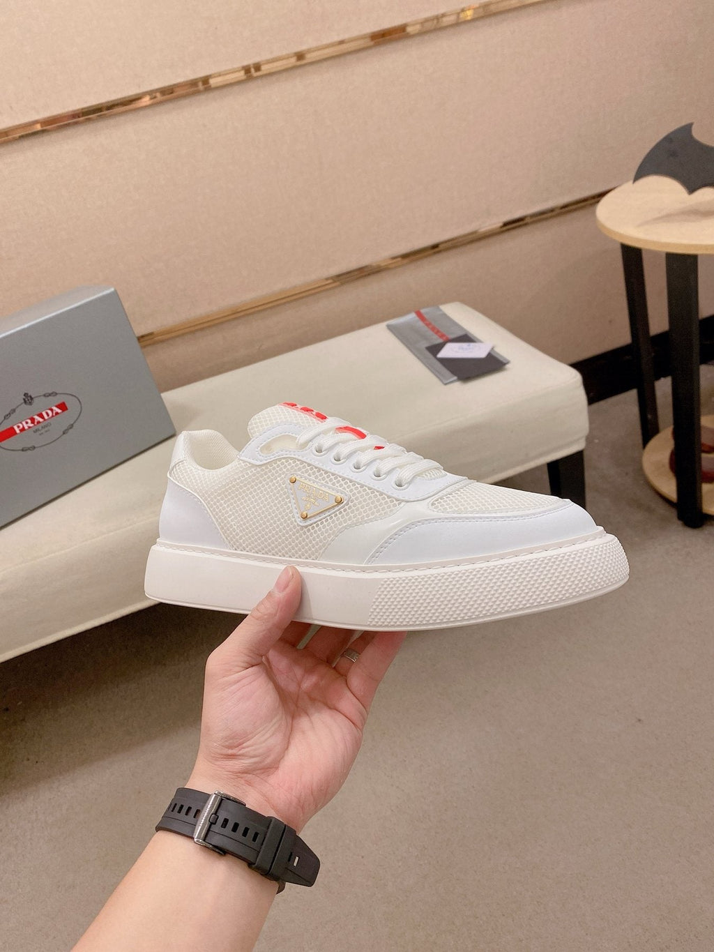 Prada Men's Red Accent Low-Top Sneakers